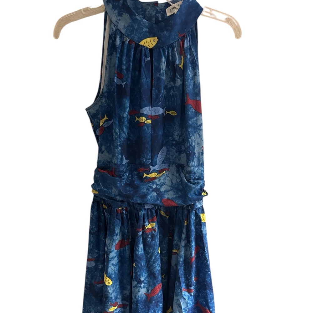 Chic Star Blue Fish Theme Halter Sleeveless Dress Size Small (38)‎ Longer Dress